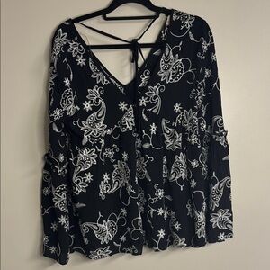 Altar'd State Black and White Tie Blouse Paisley Floral Bell Sleeves Baby Doll